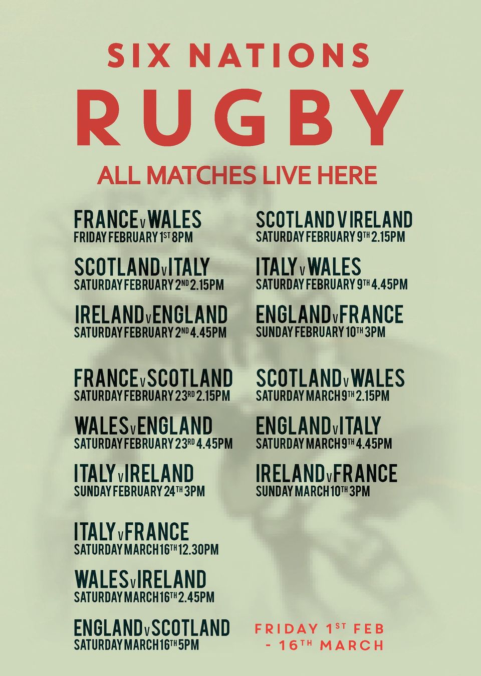 Come watch Six Nations Rugby with us!