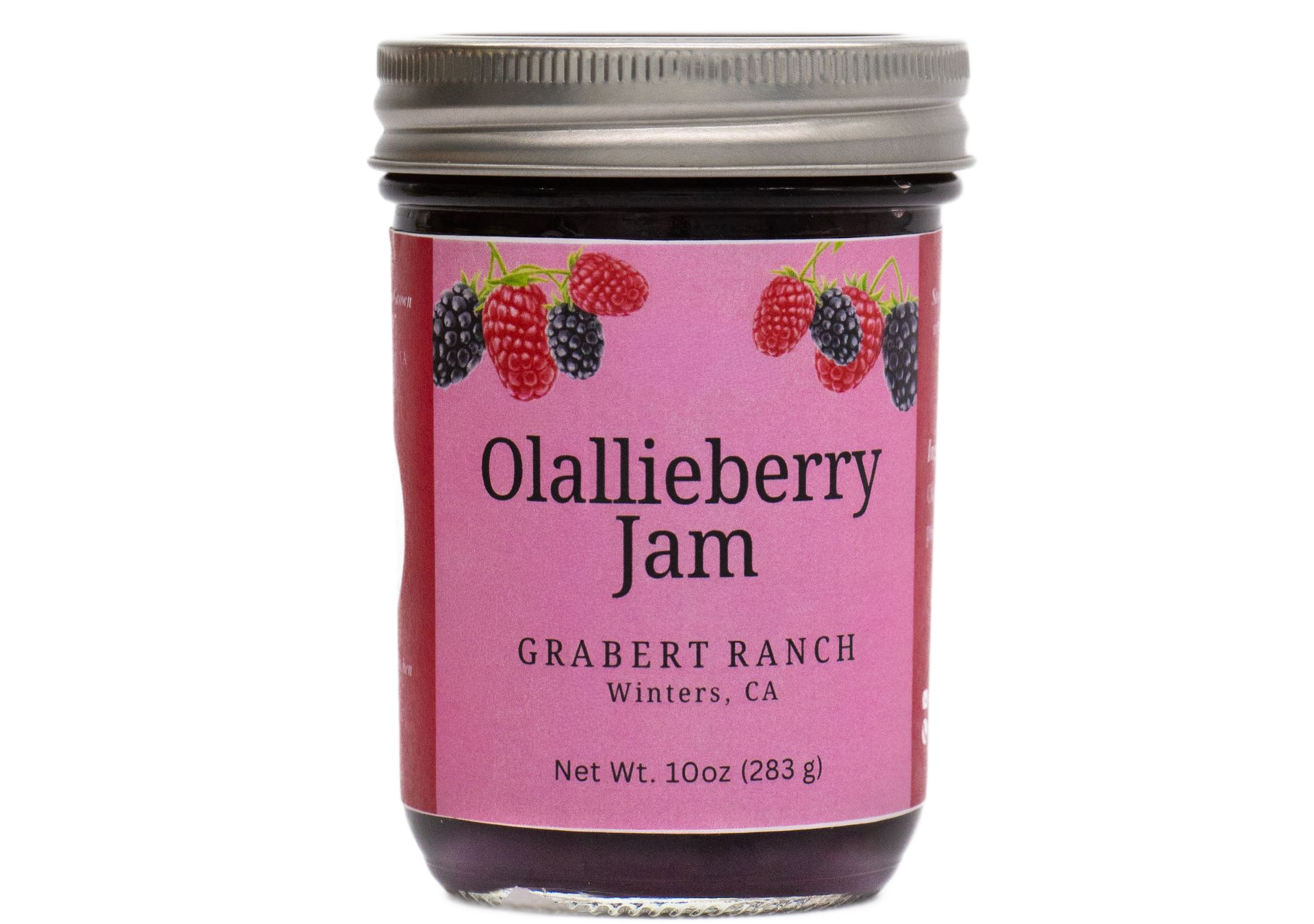 A jar of Grabert Ranch Olallieberry Sauce with a pink label featuring berry illustrations, against a white background.