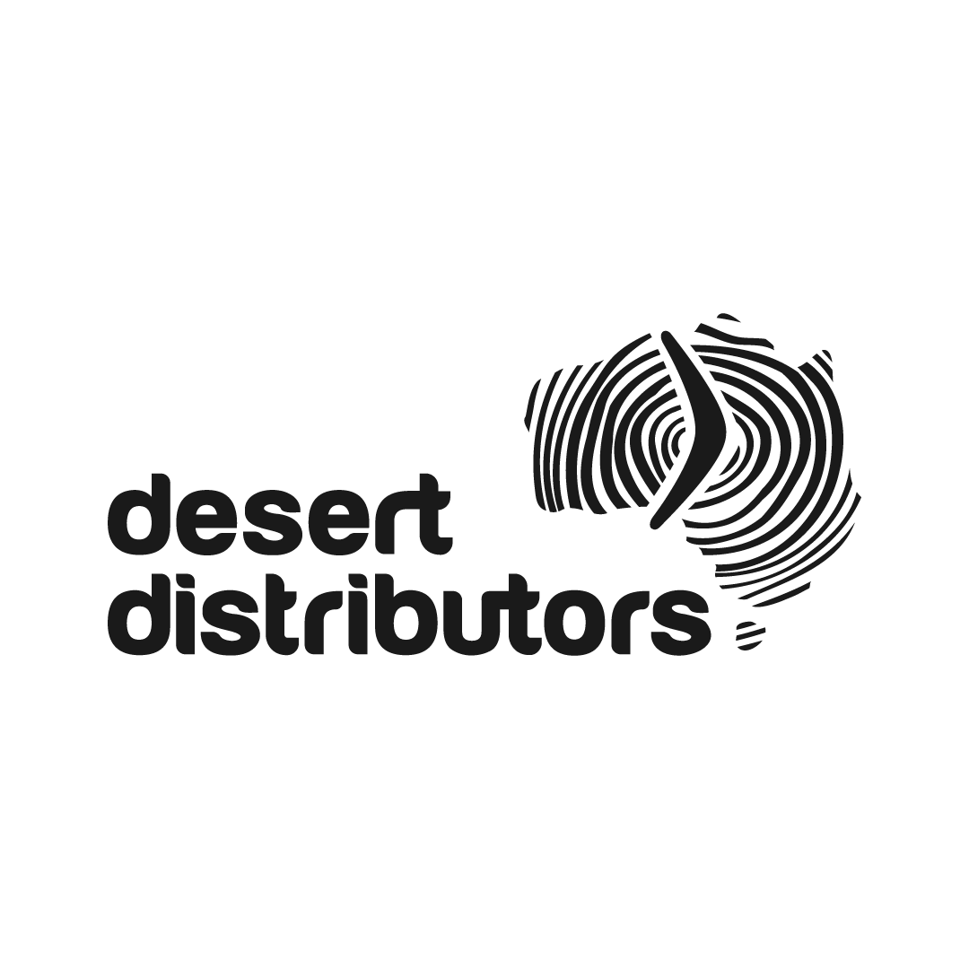 Black and white Desert Distributors logo with text and abstract design resembling a desert landscape or fingerprint.