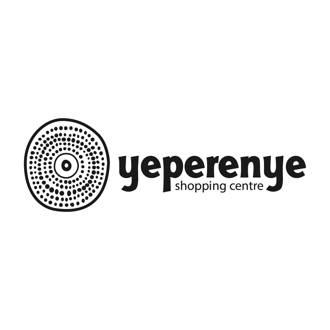 Logo for Yeperenye Shopping Centre: black and white; round dot art beside the text