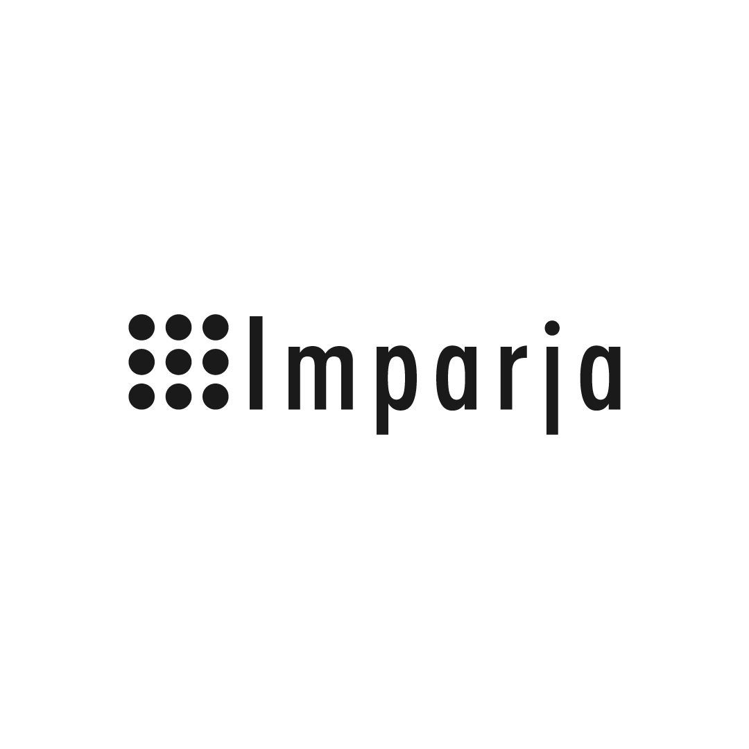 Logo for Imparja. Black dots forming a square on the left, followed by