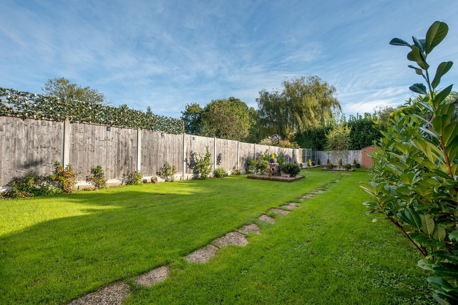 Beautiful backyard garden with lush green lawn, wooden fence, and clear blue sky