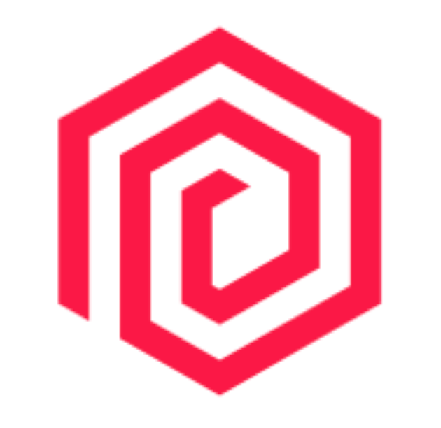 Rood, gestileerd zeshoekig logo met een interne spiraal.