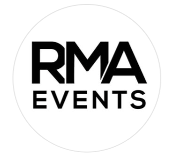 Zwarte tekst "RMA EVENTS" in een witte cirkel.