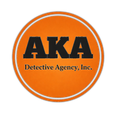 A circular orange logo with a white outline reading "AKA Detective Agency, Inc." in bold black lettering.