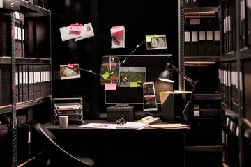 A desk in a dark, archive-style room with shelves of black binders, case notes, photos, and a desk lamp.