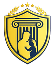 Gold shield with a silhouette of a parent and child beneath a classical column; three stars and laurel branches.