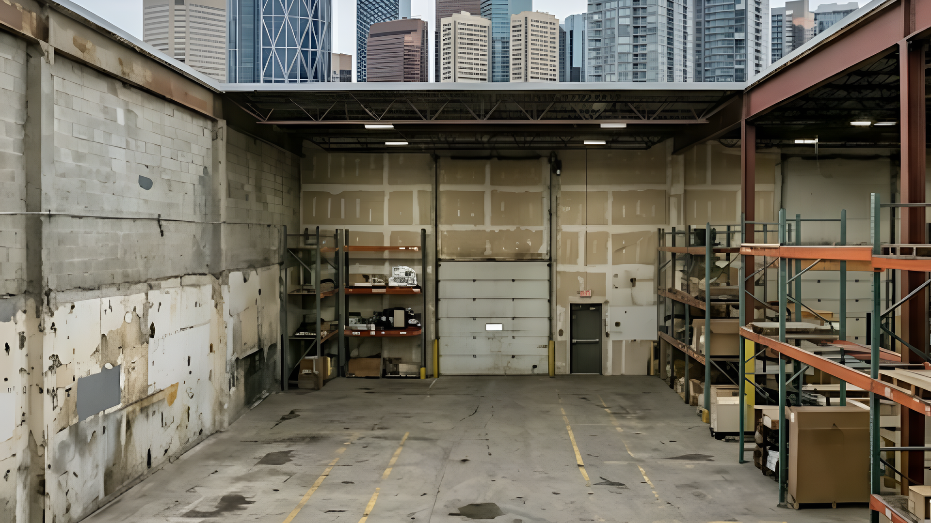 Empty industrial storage bay with metal shelving and concrete walls under a covered roof.