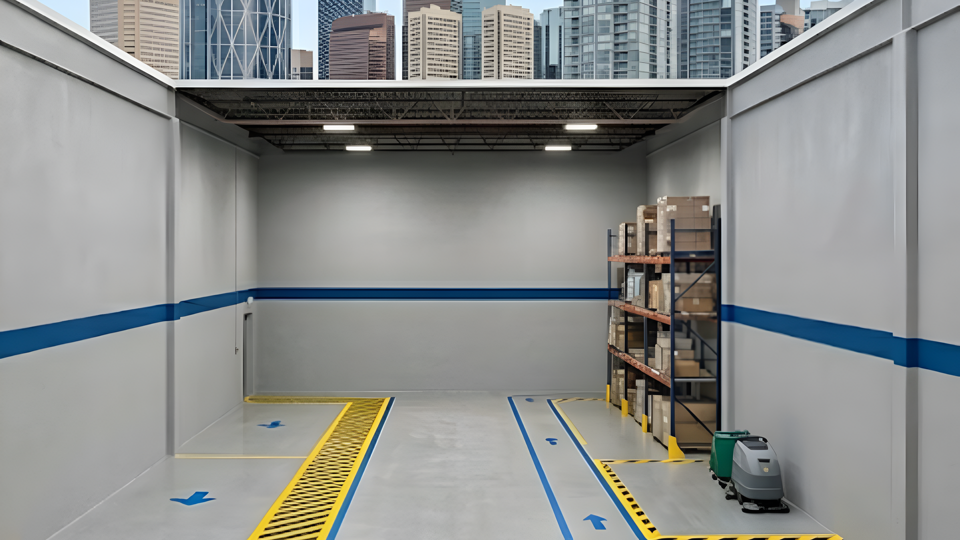 Empty loading dock with gray walls, blue stripe, shelves, and city buildings visible outside.