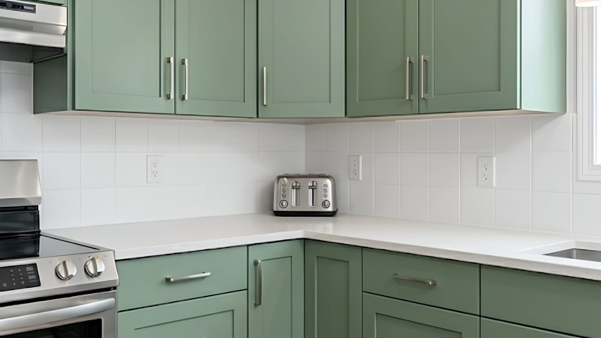 Modern kitchen with mint green cabinets, white tile backsplash, and stainless steel stove and toaster.