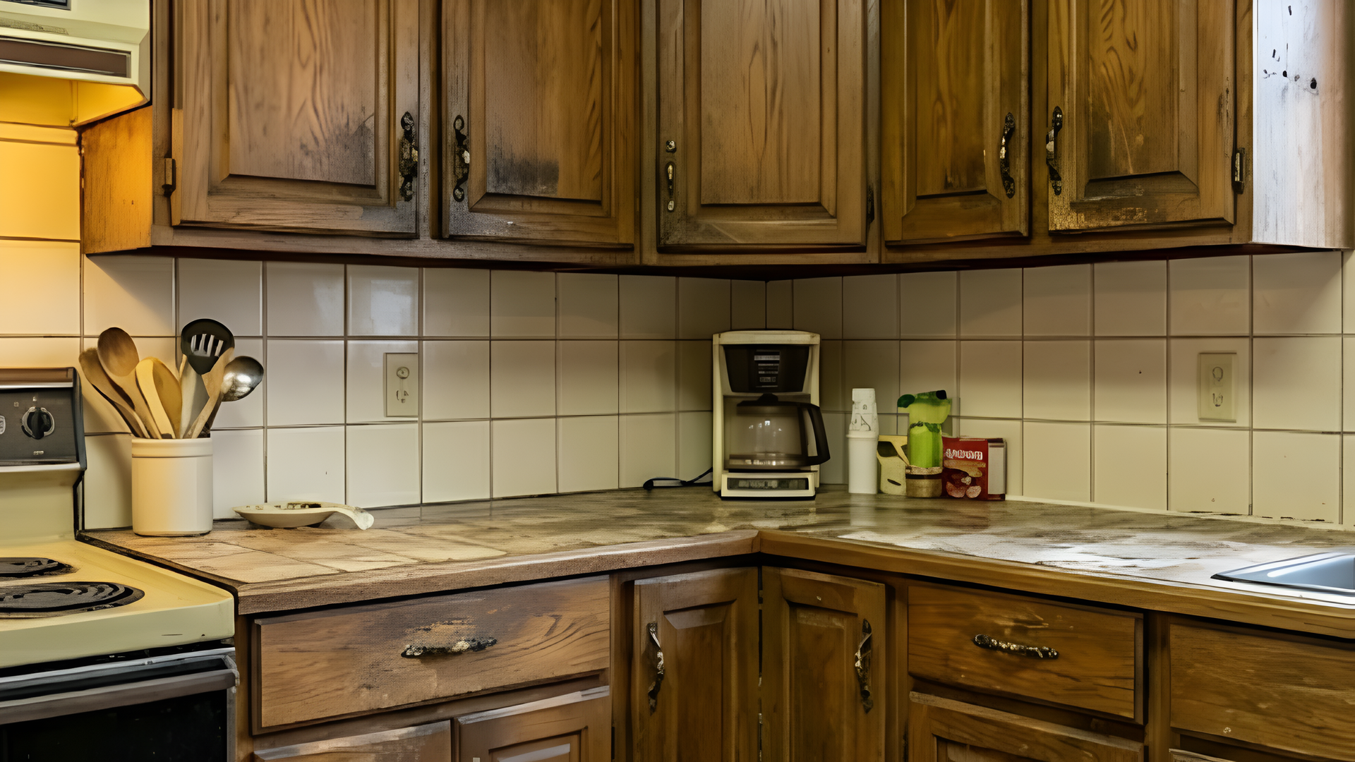 Wooden kitchen with tiled backsplash, countertop, coffee maker, and stove.