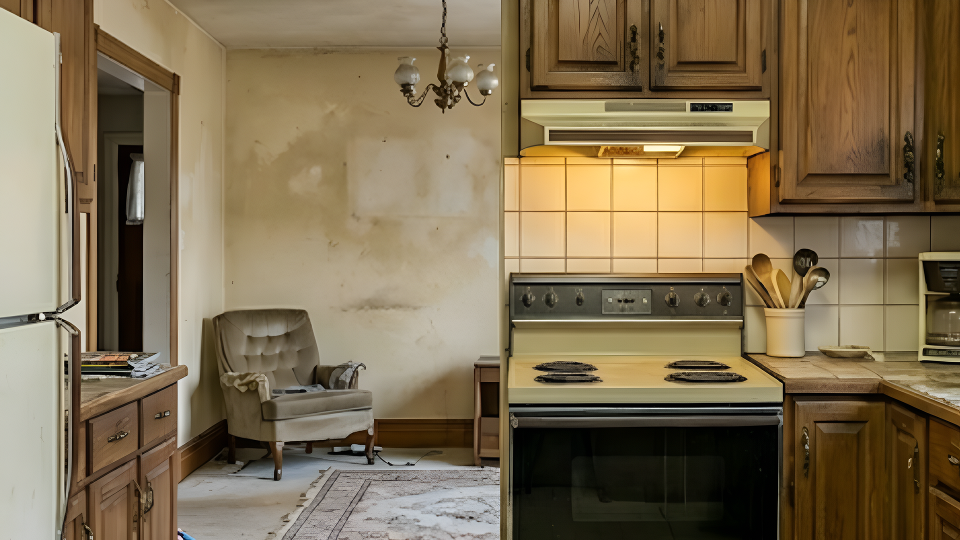 Cozy kitchen with wooden cabinets, black stove, tiled backsplash, and adjacent seating area with chair and rug.