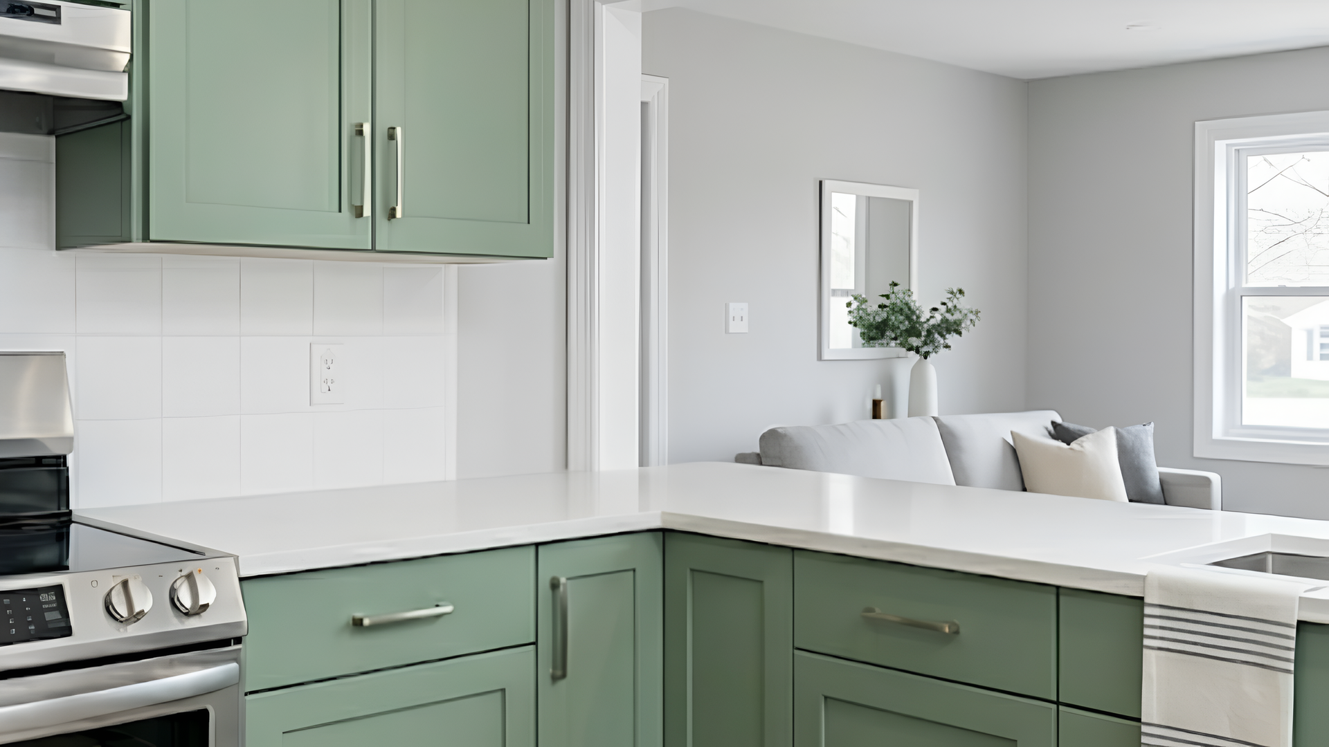 Modern kitchen with sage green cabinets, white countertops, and a bright living area beyond.