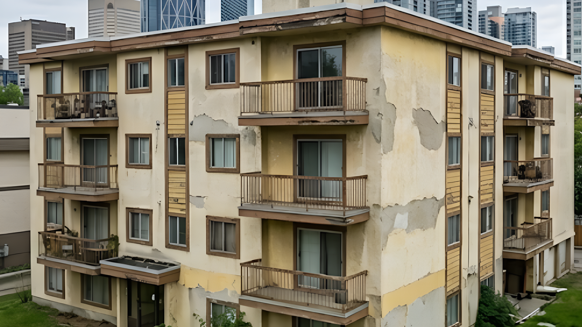Weathered beige apartment building with balconies, set against a city skyline.