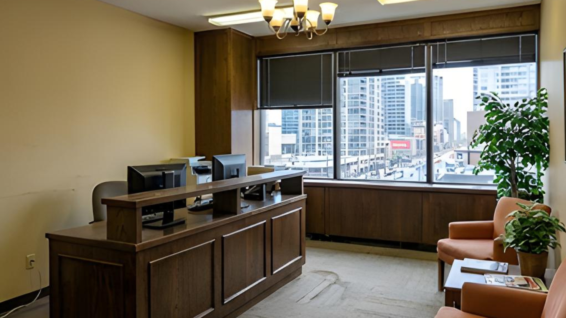 Hotel room with desk, window city view, and sofa seating