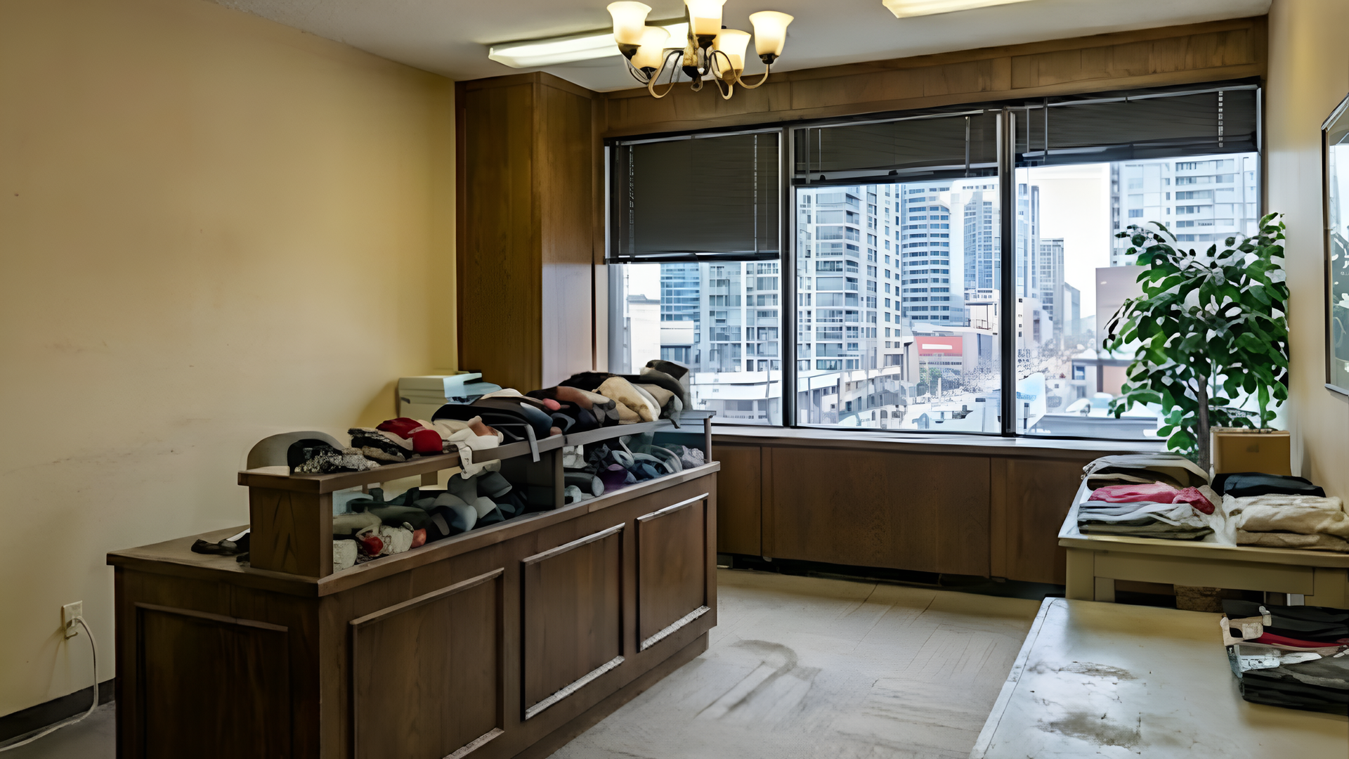 Office room with desks stacked with papers, large windows, and a city view beyond.