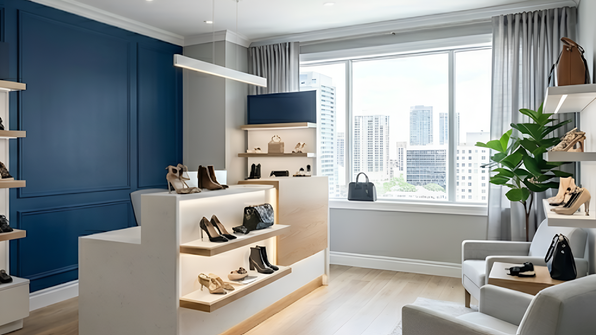 Modern living room with blue walls, white shelves, and city view through large windows