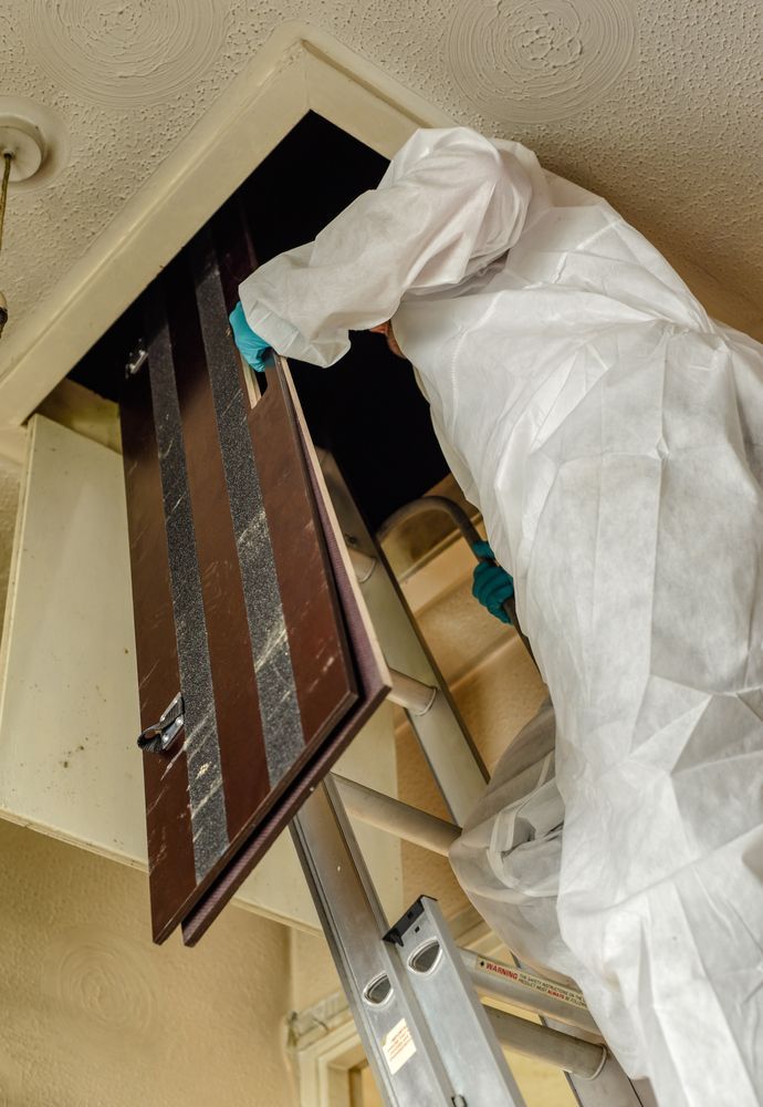 Person in White Protective Suit Opens Attic Access Door — Swift Pest Control in Scone, NSW
