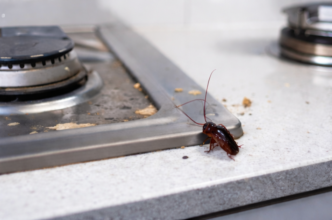 Cockroach crawling on a kitchen countertop near a stove with crumbs.