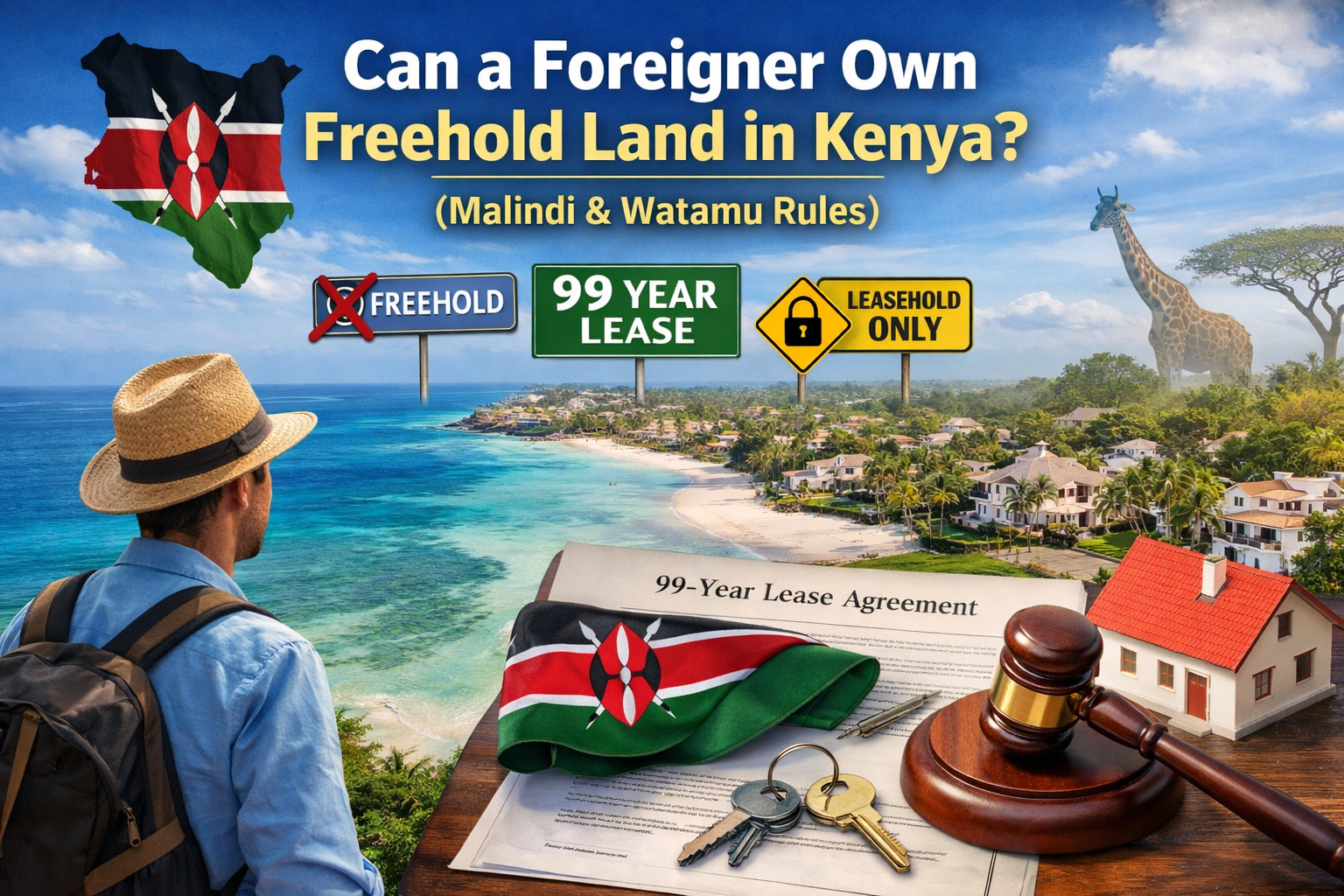 Graphic about foreigners owning land in Kenya, showing a beach, safari animals, and legal documents.