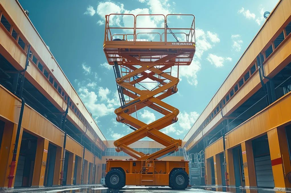 Yellow Scissor Lift Raised Between Two Yellow Buildings — ASAP Batteries & Breakdowns in Burleigh Heads, QLD