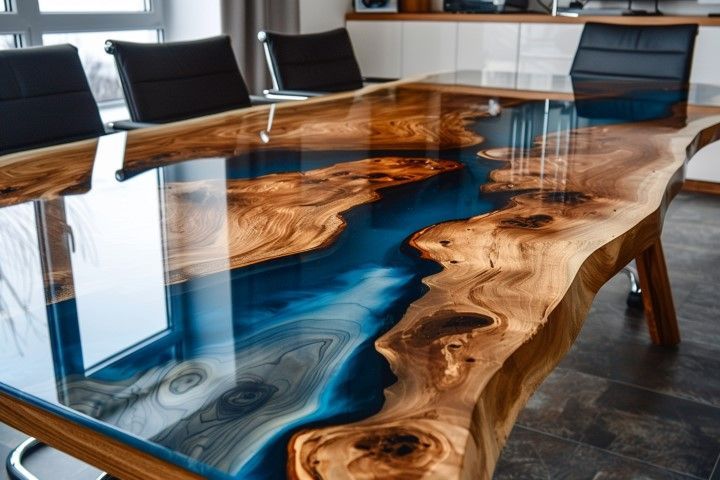 Live edge wooden table with blue epoxy resin river.