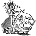 Une caricature en noir et blanc représentant un homme à l’arrière d’un camion.