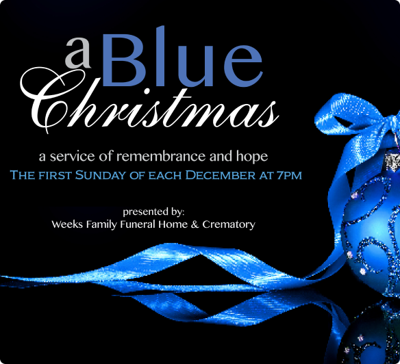 A Blue Christmas event flyer for a remembrance service, featuring blue text and a blue ornament on a black background.