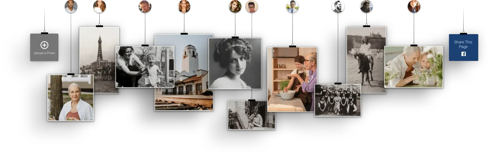 A horizontal collage of varied vintage-style photographs hanging from a wire, featuring portraits and outdoor scenes.