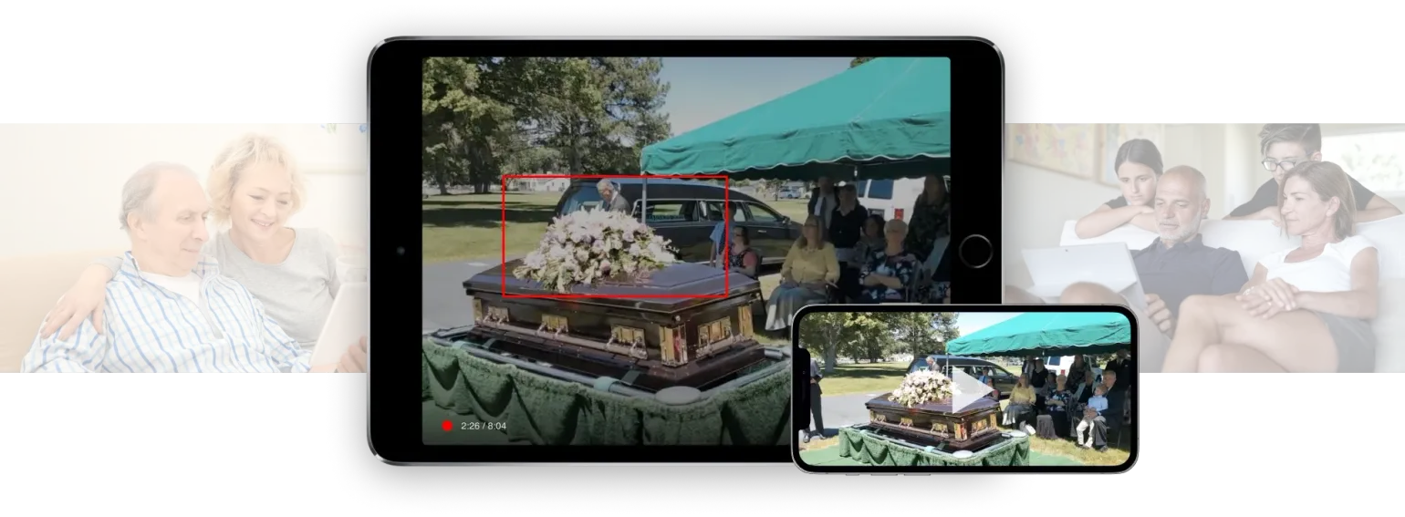 A tablet and smartphone displaying a video of a funeral casket, flanked by images of people in personal settings.