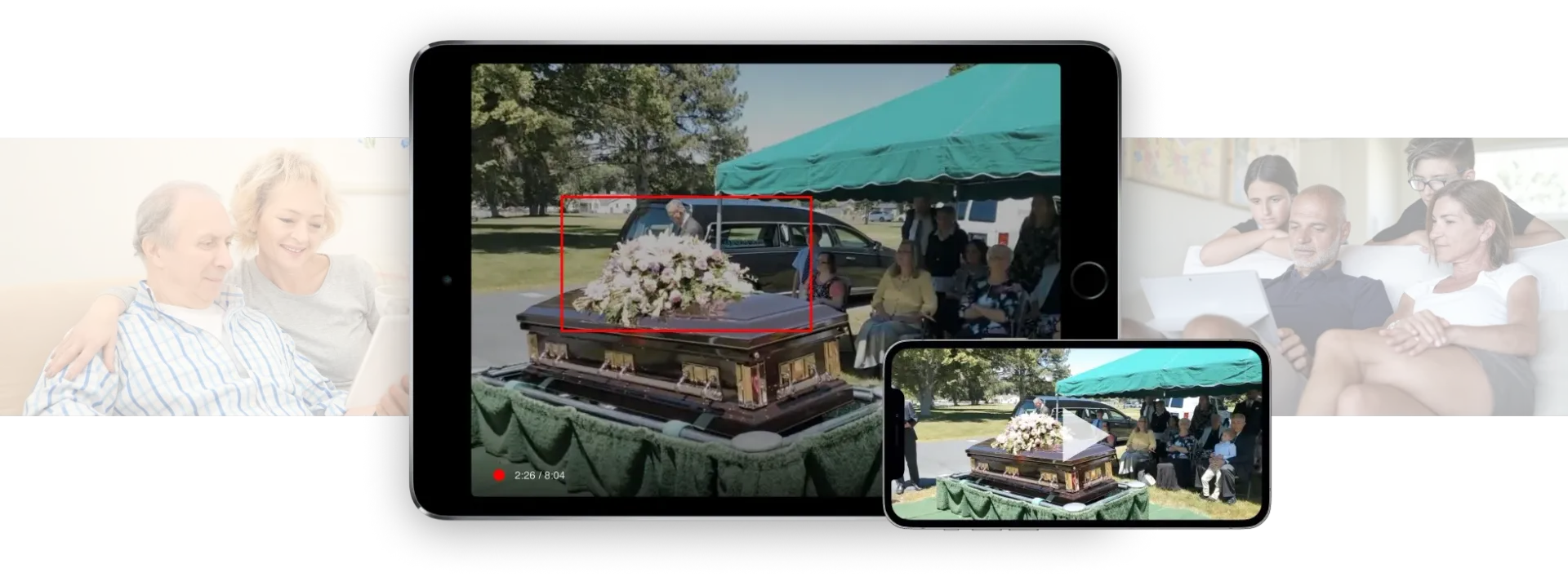 A tablet and smartphone displaying a video of a funeral casket, flanked by images of people in personal settings.