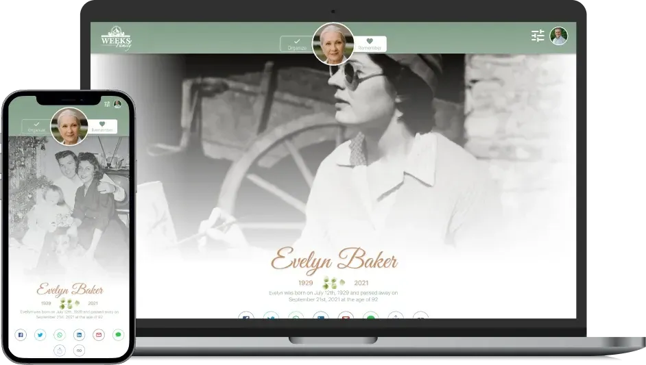 A laptop and smartphone displaying a digital memorial page for Evelyn Baker with vintage portraits and soft green accents.