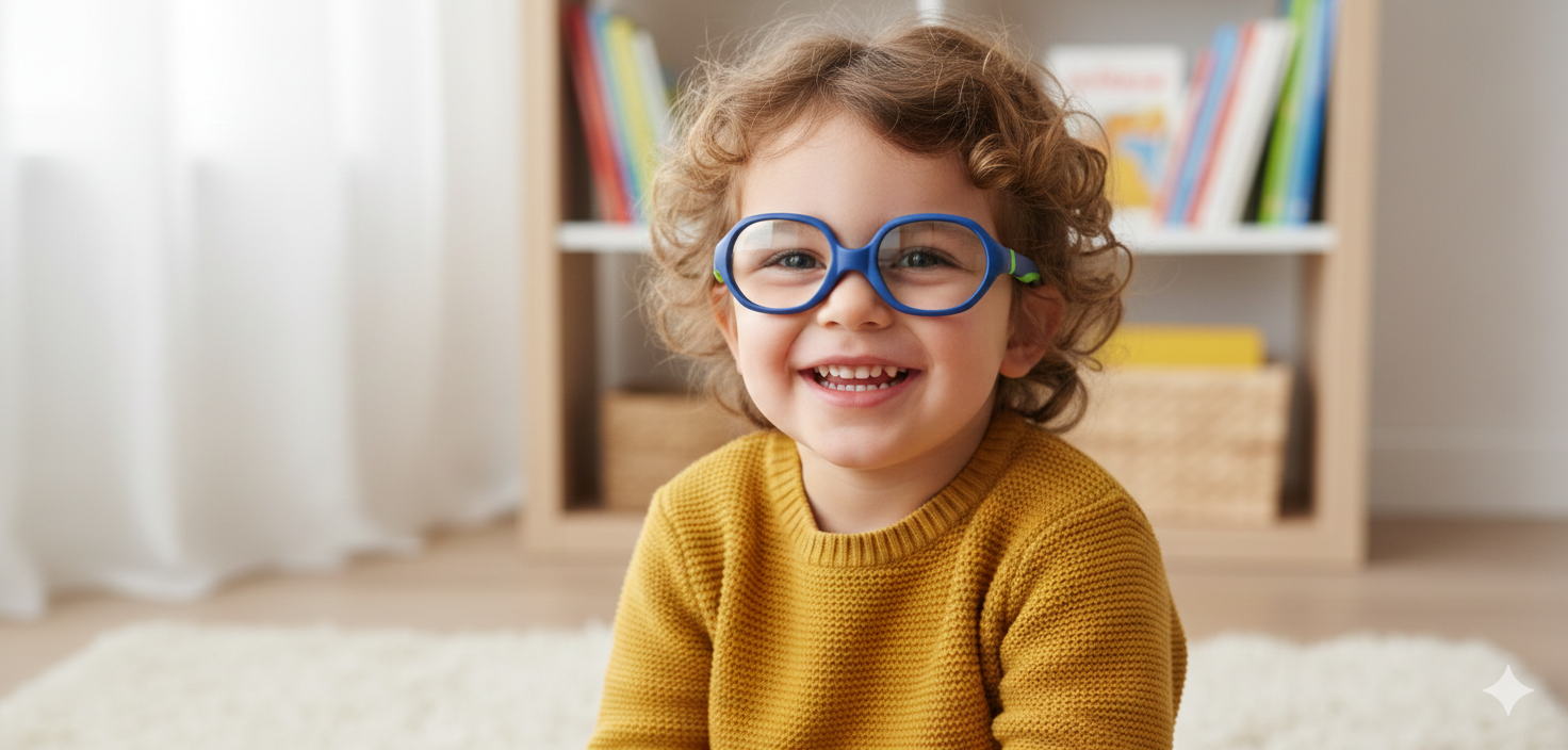 Bambino sorridente con i capelli ricci e gli occhiali blu davanti a una libreria.