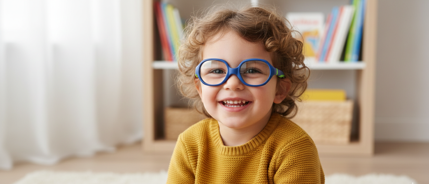 Bambino sorridente con occhiali blu e maglione giallo. Sullo sfondo una libreria.