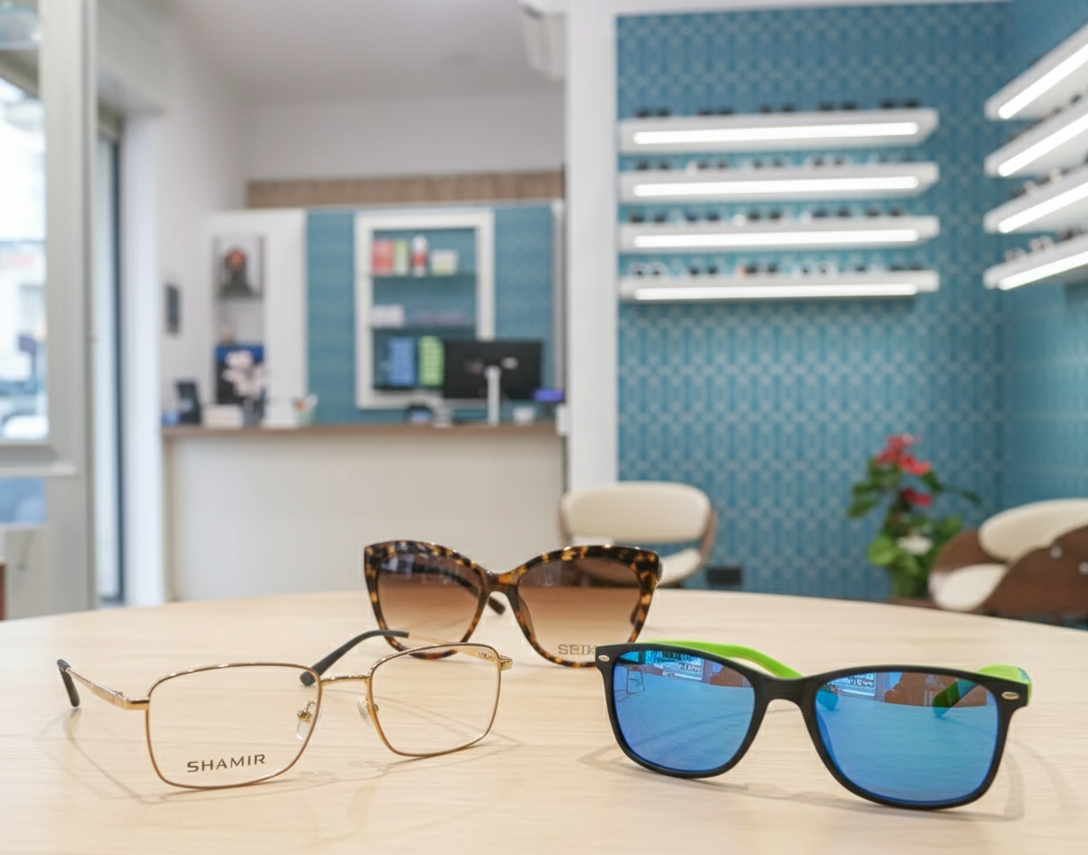 Tre paia di occhiali su un tavolo in un negozio di ottica.