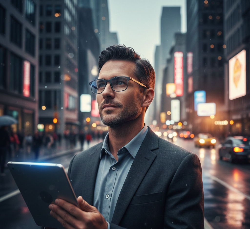 Uomo in giacca e cravatta che tiene in mano un tablet per strada, guardando in alto. Pioggia.