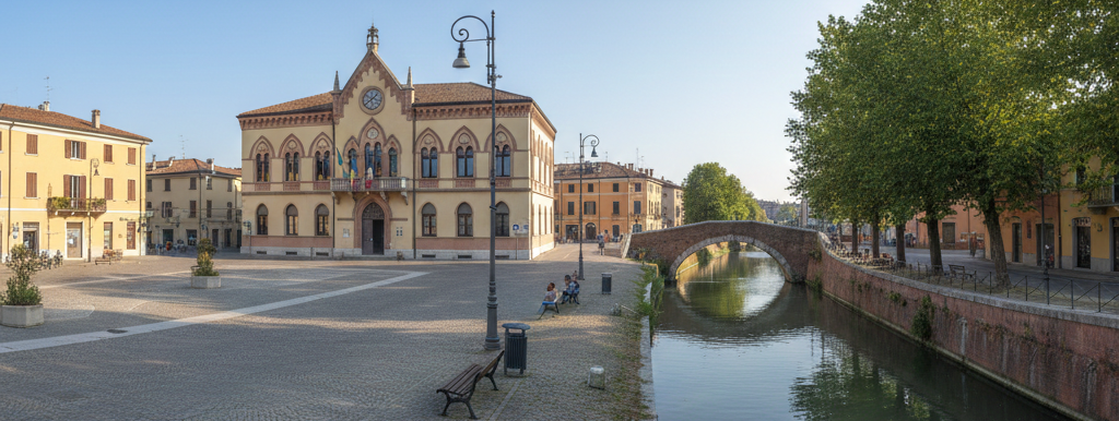 Una grande piazza con edifici, un canale e un ponte. Un edificio chiaro ha un orologio. Gli alberi costeggiano il canale.