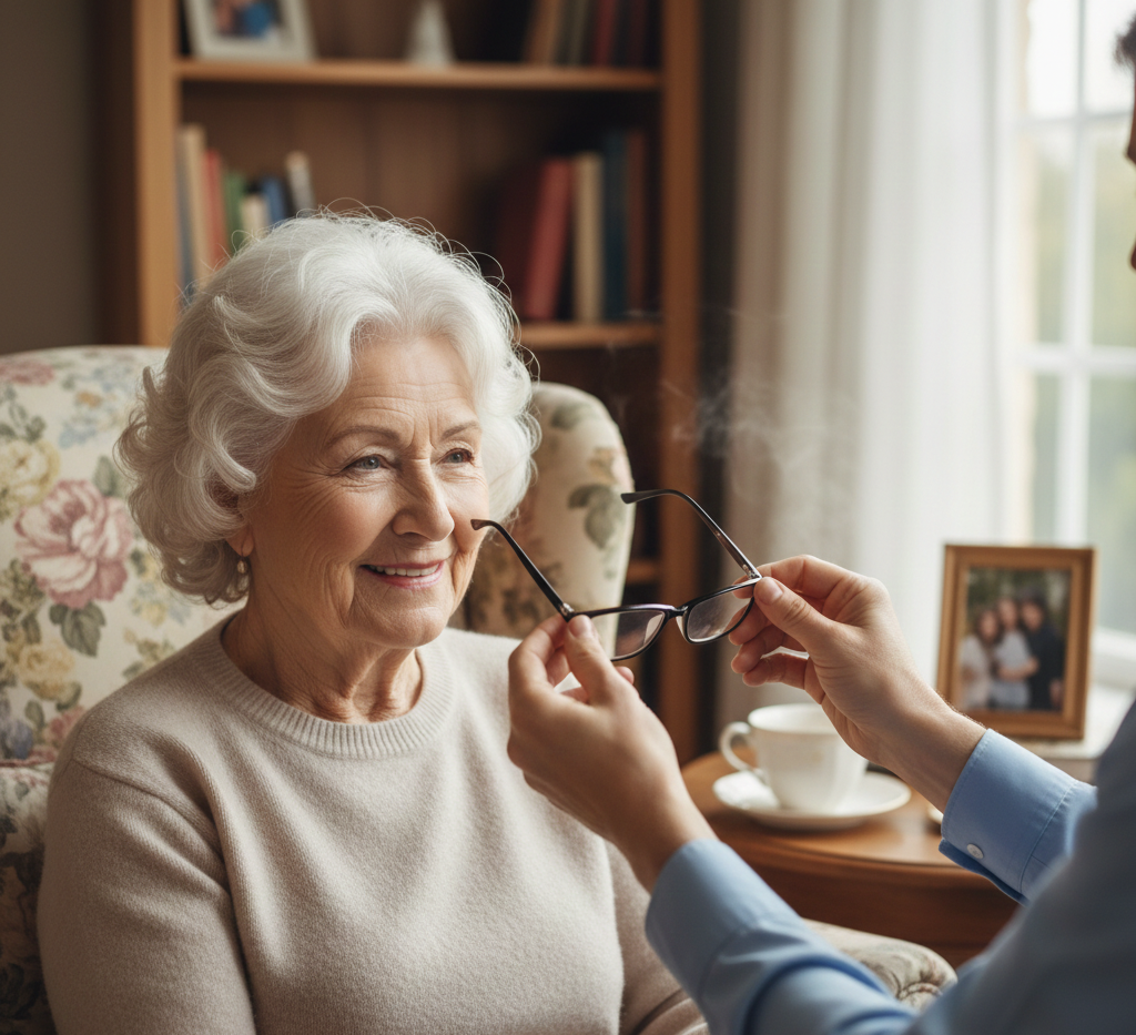 Persona che aiuta un'altra con gli occhiali. All'interno, donna sorridente, con gli occhiali in mano, vicino a una libreria.