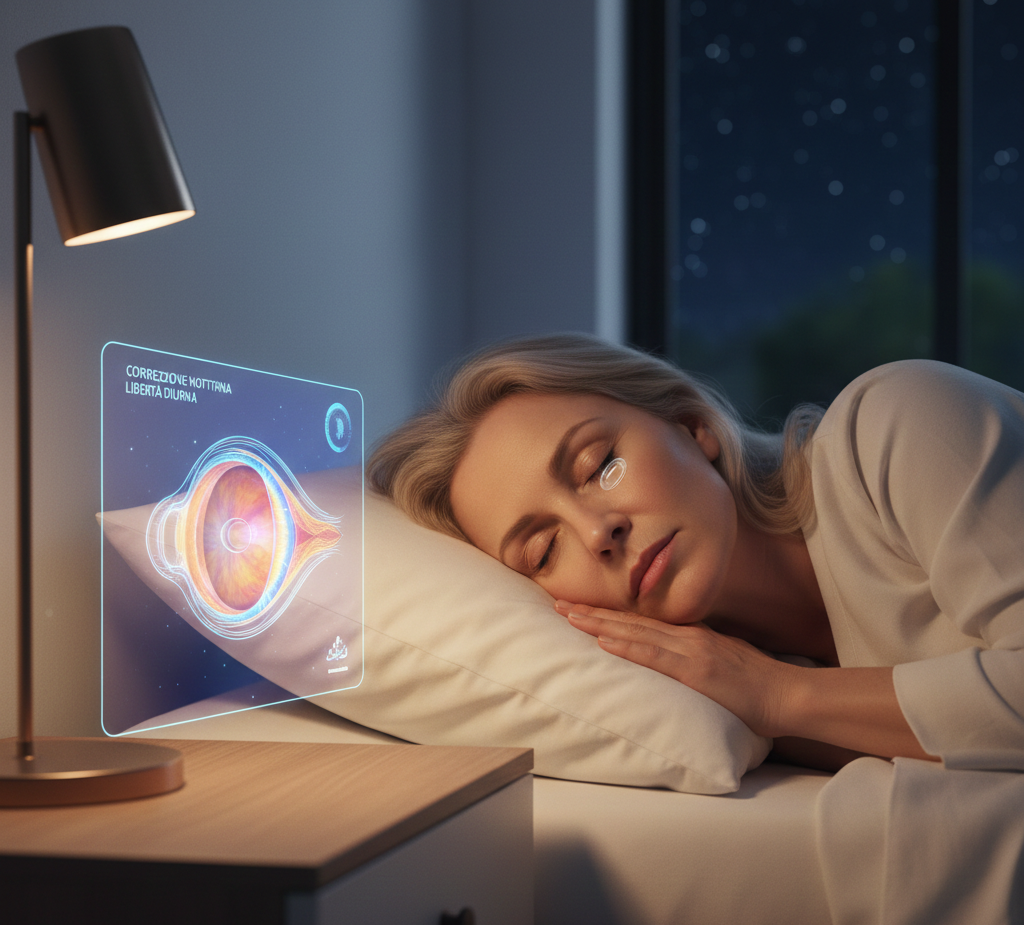 Donna addormentata a letto con un diagramma dell'occhio visualizzato su uno schermo illuminato da una lampada da scrivania. Fuori è notte buia.