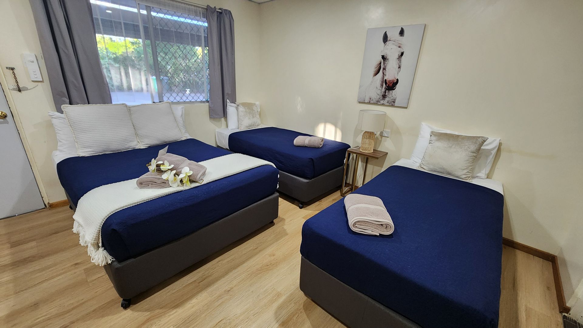 Two blue twin beds in a tidy room with white curtains, a sofa, and a carpeted floor.