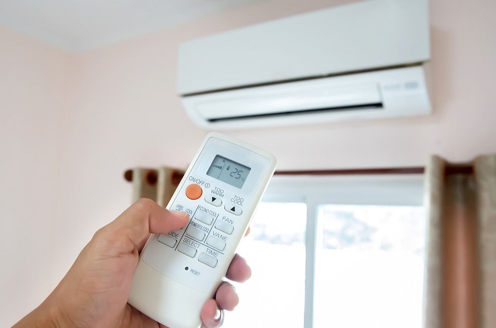 A Person Is Holding A Remote Control In Front Of An Air Conditioner — Ramm Air Conditioning In Port Macquarie, NSW