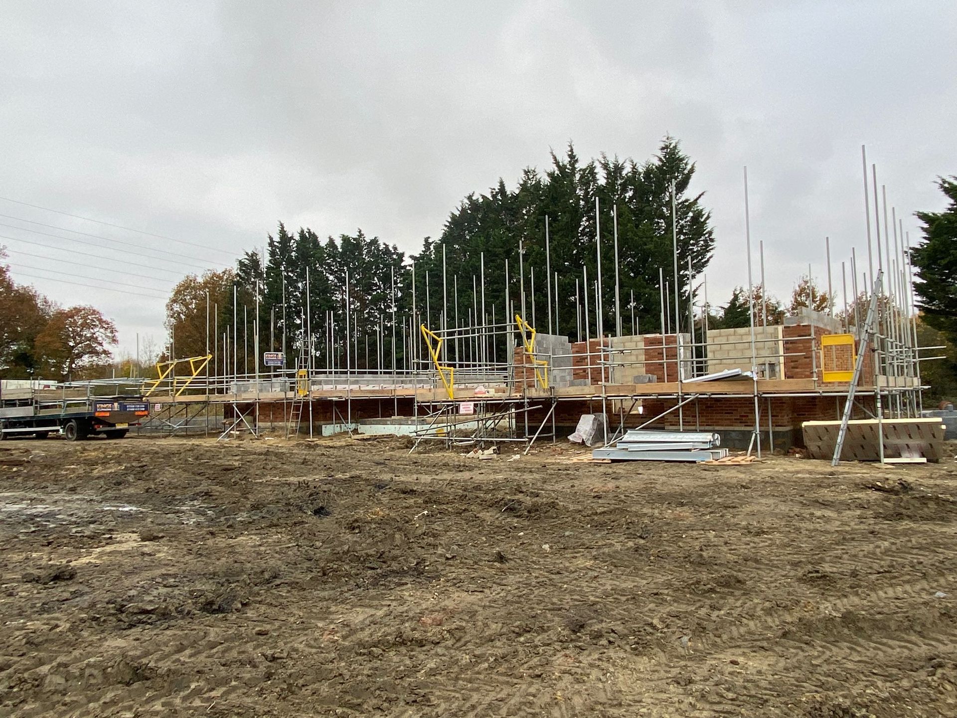 A large construction site with a lot of scaffolding and trees in the background.
