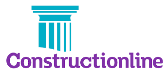 A blue and purple logo for construction online with a pillar.