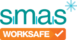 A logo for smas worksafe with an orange check mark.