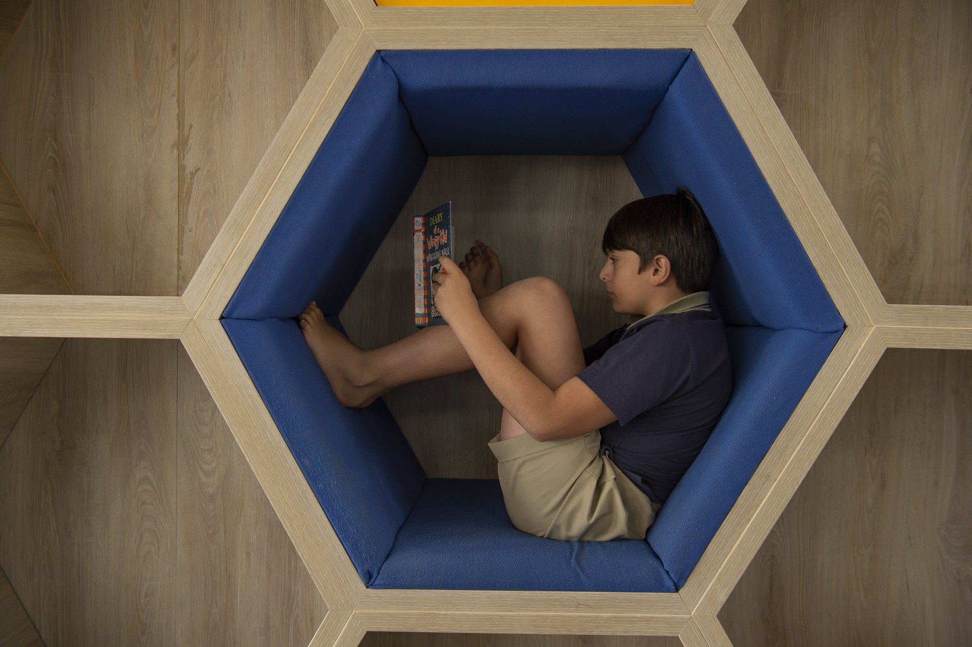 A young boy is sitting in a honeycomb reading a book.
