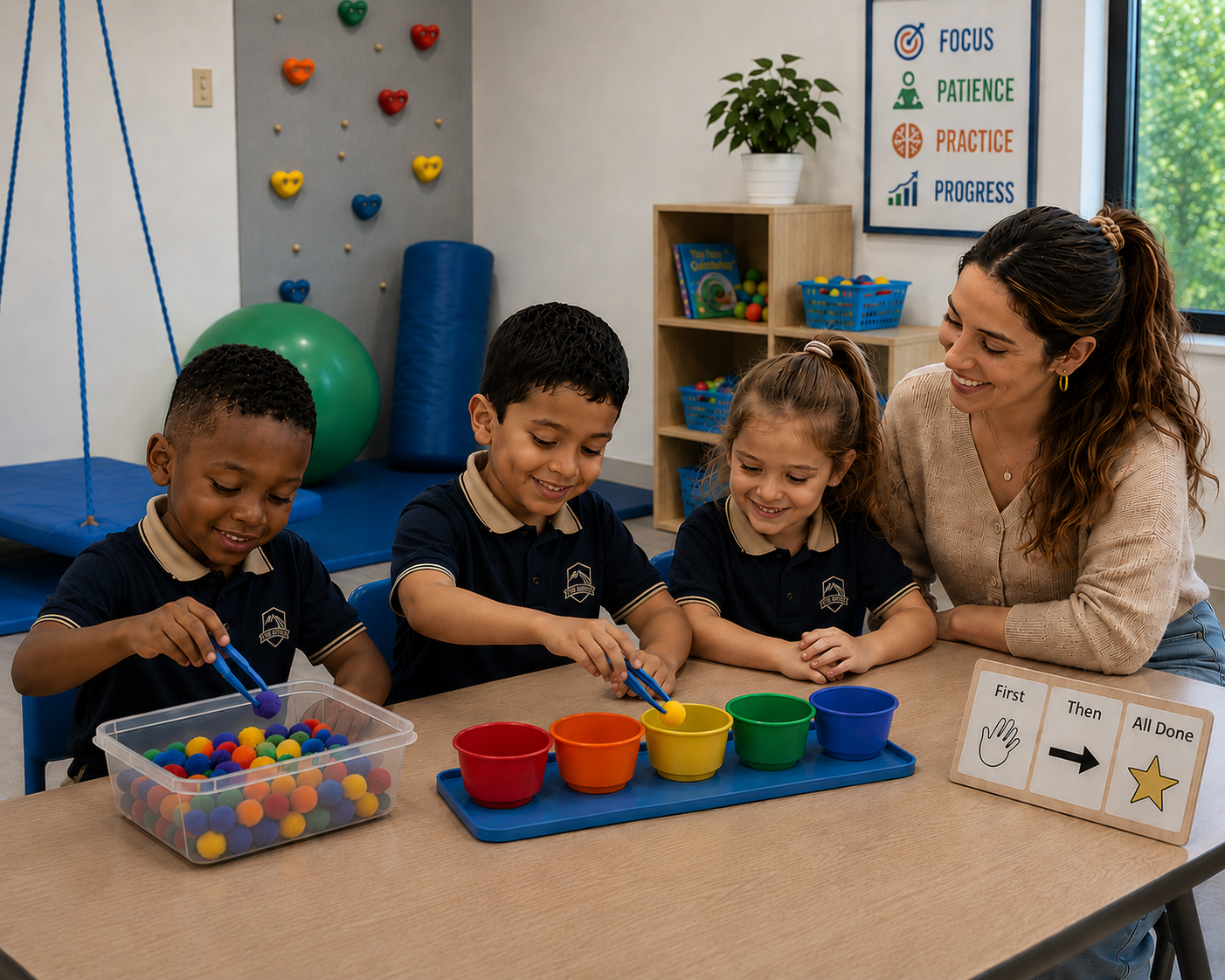Children sorting coloured objects into cups with teacher