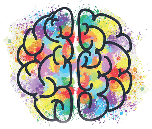 a drawing of a brain with colorful paint splashes around it .