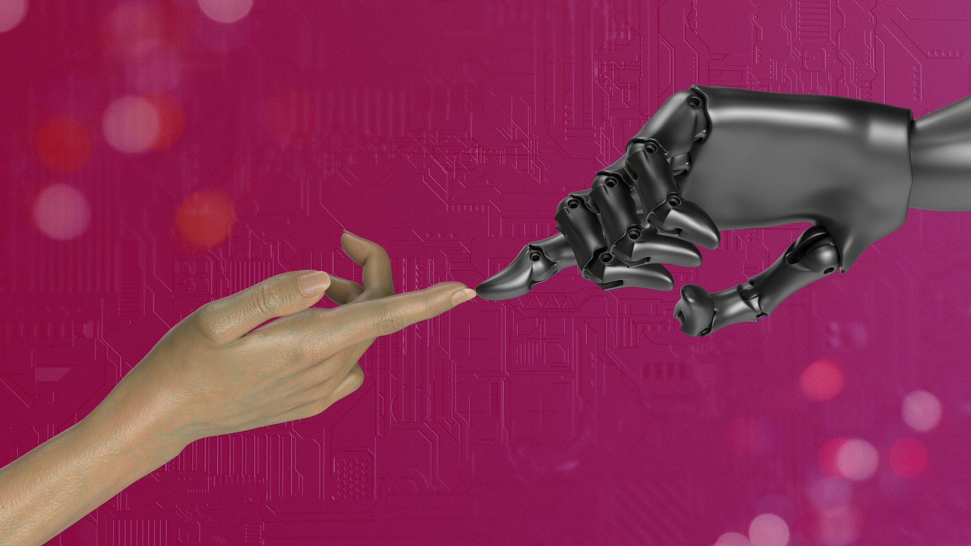 A human hand touching a robotic hand with a pink background.
