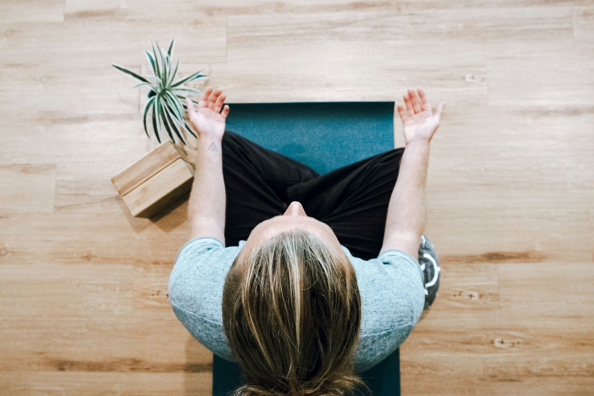 Person seated on a yoga mat with hands open, facing upward. A plant and block are nearby.