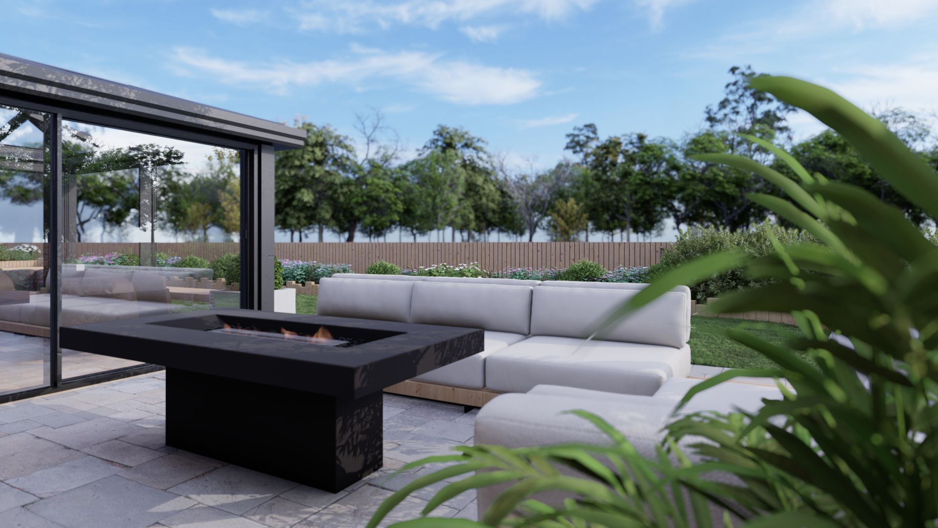 Here, a client wanted a seating area with a fire pit but didn't know what style would suit the rest of the property. We went with a contemporary design with a Firepit table and cosy, relaxed seating. They loved seeing the animated 3D video, which gave them a real vision of the finished design. 